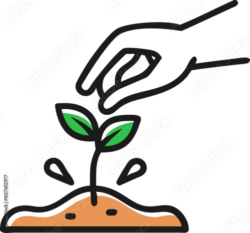 A detailed illustration of a human hand carefully planting a small seed into fertile soil symbolizing growth and new beginnings in a garden setting