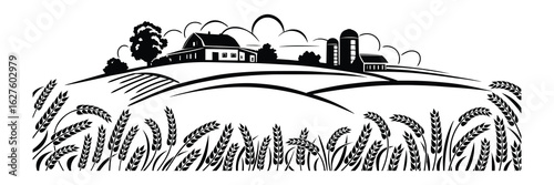 Sketch of a rural landscape, farm and wheat field, agriculture and harvest, black isolated silhouette on white background, vector illustration