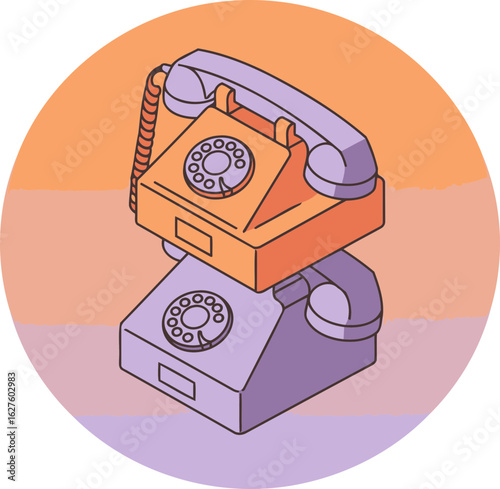 Retro rotary telephone illustration in orange and lavender colors. Stylized depiction of a vintage phone stacked vertically in a graphic design setting.