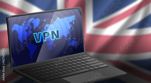 Vector 3d open mobile computer laptop. Volumetric letters VPN, world map with circles on gadget screen. Background, blurred wavy curved flag of Great Britain. Internet traffic. Bypassing blockages