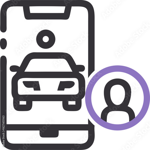 Modern and clean icon representing ride sharing services featuring a stylized car and location pin perfect for mobile apps and transportation platforms