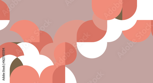 Geometric abstract design with soft coral and muted olive green color palette. Interlocking circles and semi-circles arranged in a fluid pattern.