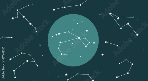 Celestial constellation graphic design with assorted stars and a teal circle. Constellation in a flat style for an abstract design with a focus on space and astronomy.