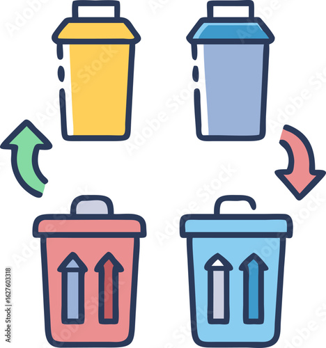 Collection of stylized icons representing different types of waste for recycling and disposal ideal for environmental or service related designs