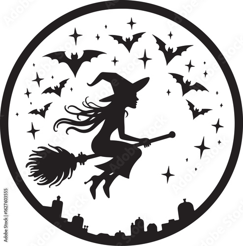 Witch flies on broomstick past bats and stars over city