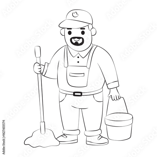 Happy Janitor Outline. Cartoon Man with Mop and Bucket Vector Illustration