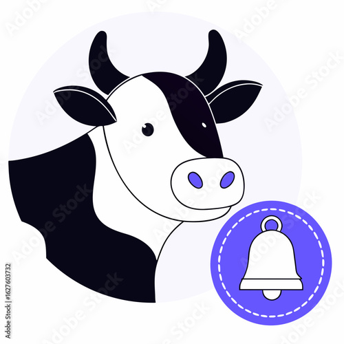 Cow illustration with a bell icon in a minimal flat style  