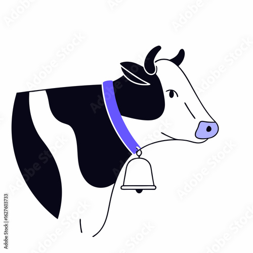 Black and white cow with a bell depicted in vector icons style  
