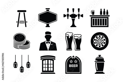 Bar icons including stool beer glasses darts and bartender vector