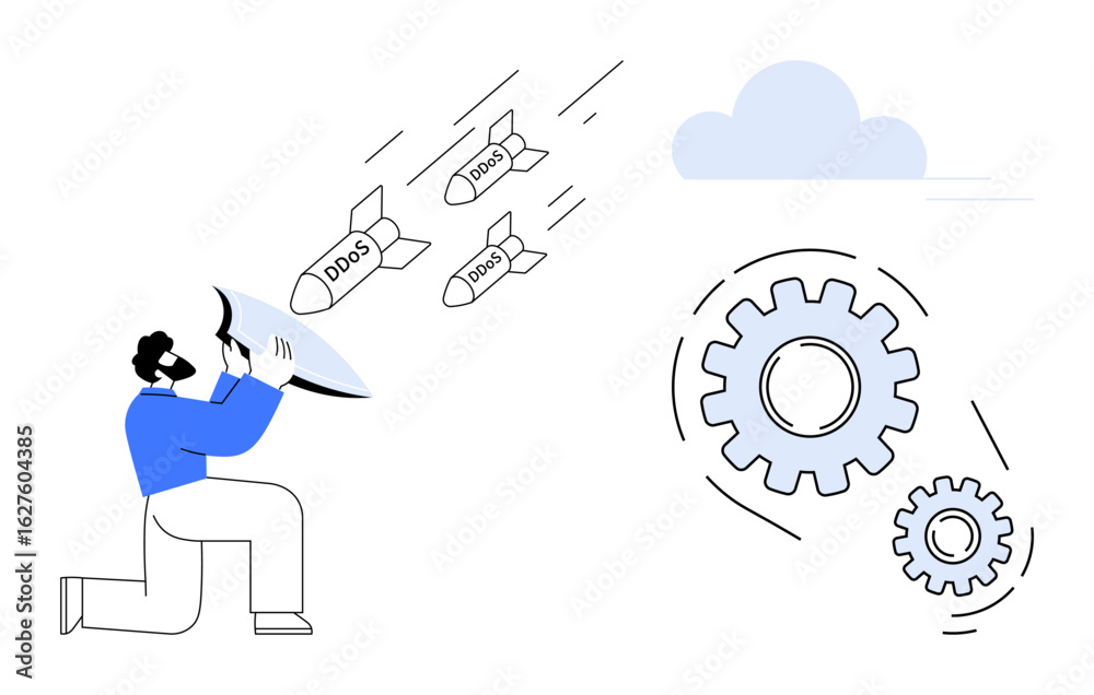 Obraz premium Man kneeling with shield blocking incoming DDoS missiles targeting gears and cloud. Ideal for cybersecurity, tech defense, system protection, IT infrastructure, online threats, hacking prevention