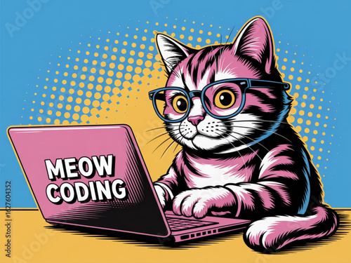 Comic Cat Wearing Glasses on Laptop, Pop-Art Style with Meme Appeal