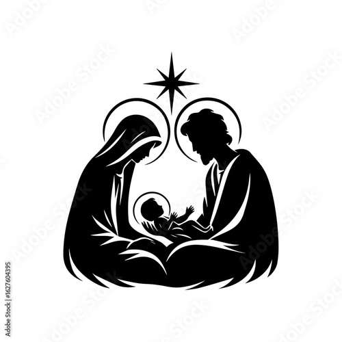 Holy Family Nativity Scene Silhouette with Baby Jesus, Mary, and Joseph in Stable – Christmas Religious SVG Art Vector Design
