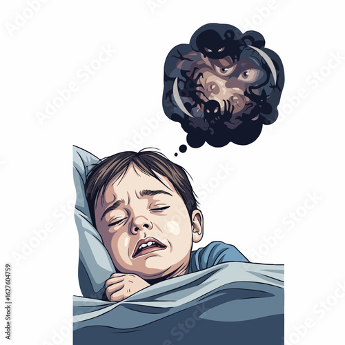 Vector Illustration of Scared Child Sleeping with Nightmare