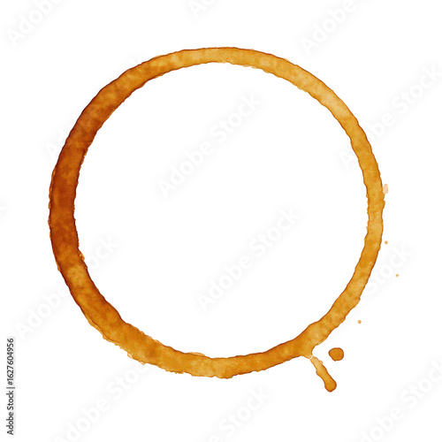 Isolated Circular Coffee Stain Ring with Dripping Droplets, a Textured Imprint of a Beverage on a Dark Surface