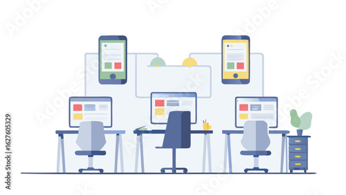 Illustration of an office space with computers phones desks chairs and a filing cabinet in a bright room