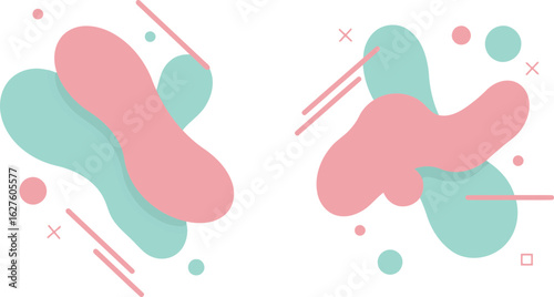 Abstract graphic design with pastel colors of pink and teal, featuring fluid shapes and minimalist lines on a cream background. Abstract shapes and elements with no specific action or pose.
