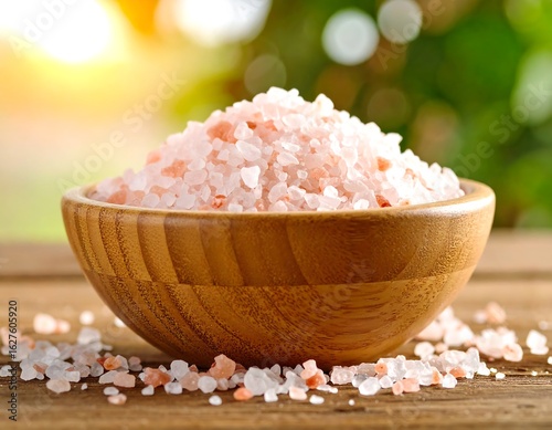 Pink Himalayan salt in a wooden bowl, outdoors
