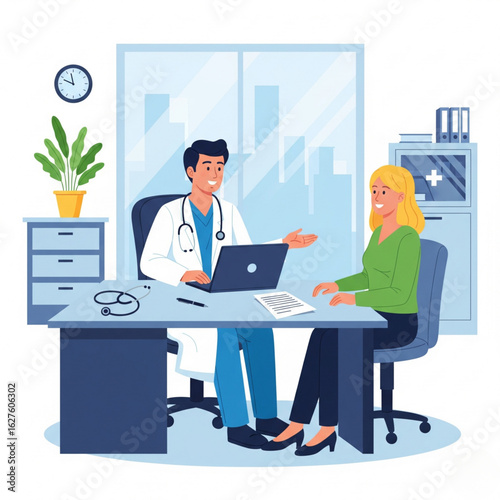 Doctor in office talking to patient. Health worker examine patients health in hospital, clinic. Medical consultation, examination, checkup concept. Vector illustration