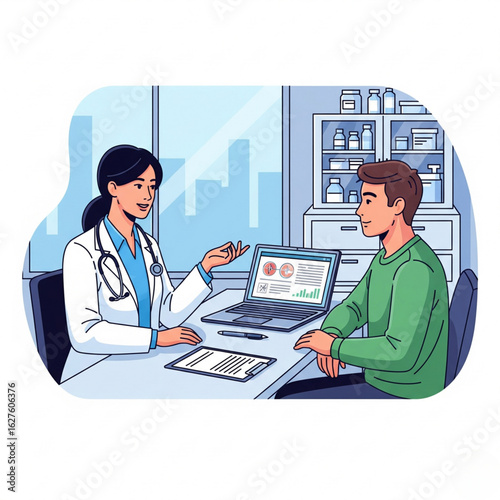 Doctor in office talking to patient. Health worker examine patients health in hospital, clinic. Medical consultation, examination, checkup concept. Vector illustration