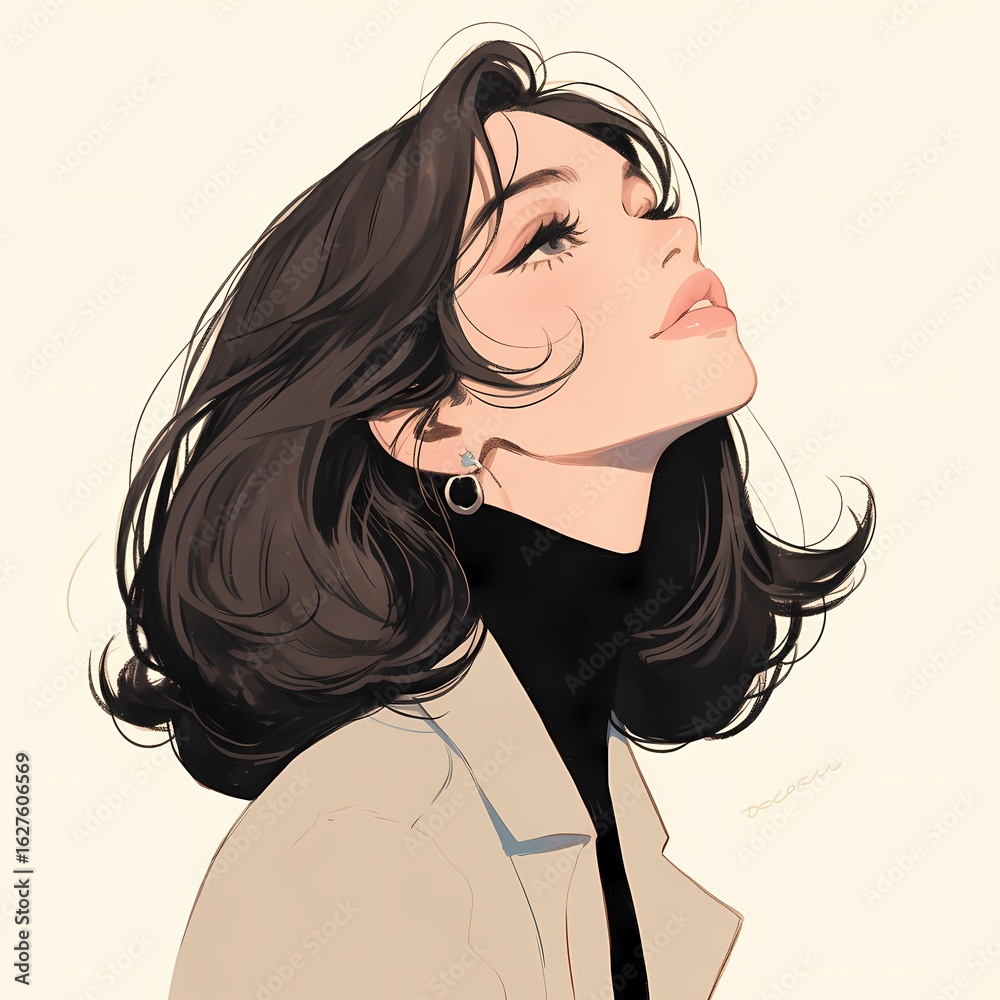 Naklejka premium Captivating portrait of a woman with flowing hair in a stylish outfit during a soft, serene moment Generative AI
