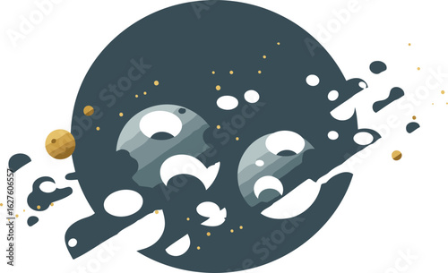 Abstract celestial bodies with textured surfaces in deep teal and gray tones, scattered with golden specks against a dark background.