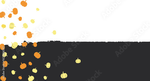 Abstract design of orange and yellow pumpkins in a scattered pattern on a dark gray background. Falling pumpkins with no specific action or pose.