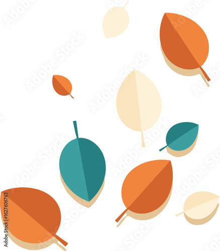 Abstract autumnal leaves in orange, teal, and cream colors scattered on a light beige background. A graphic design element with a flat design aesthetic.