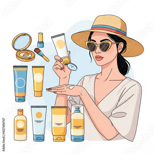 Woman wearing sunglasses and straw hat showing how to apply sunscreen, spf lotion, cream, lip balsam. Sun protection products collection. Vector illustration.
