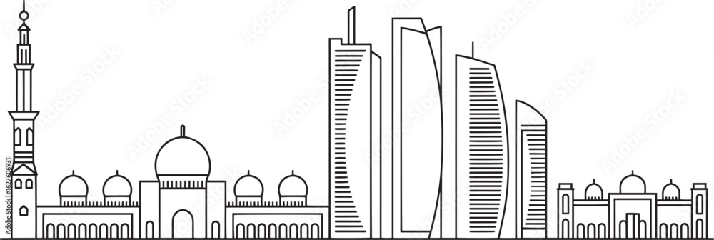 Obraz premium Abu Dhabi Skyline Outline Silhouette Vector Illustration of United Arab Emirates Cityscape Panorama