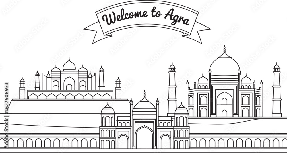 Fototapeta premium Agra India Skyline Vector Illustration with Taj Mahal and Welcome Sign Outline Art