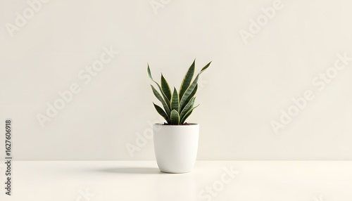 A photorealistic illustration depicts a snake plant, also known as mother in law's tongue, standing upright in a simple, cylindrical white ceramic pot