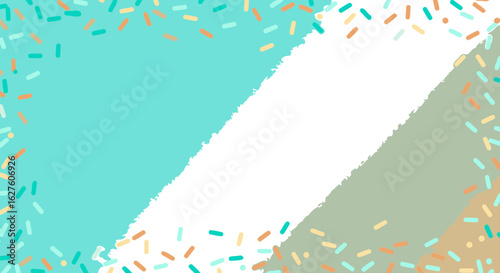 Colorful confetti sprinkles border on a soft teal and beige gradient background. Abstract design with pastel sprinkles in various colors for use in greeting cards, websites, or social media.