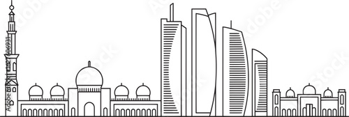 Abu Dhabi Skyline Outline Silhouette Vector Illustration of United Arab Emirates Cityscape Panorama