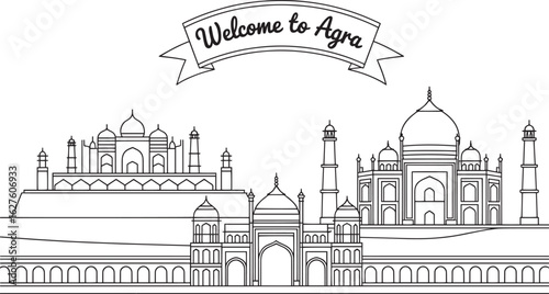 Agra India Skyline Vector Illustration with Taj Mahal and Welcome Sign Outline Art