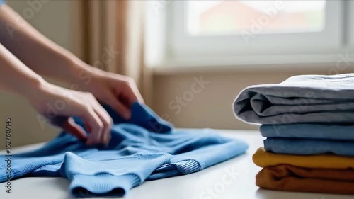 Person folding blue shirt on table with neatly stacked clothes  