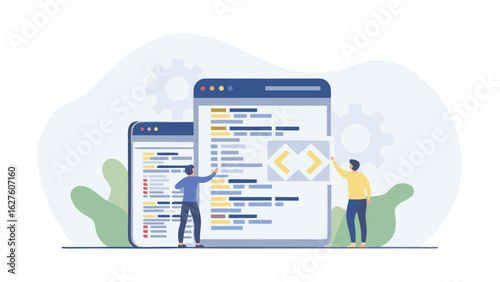 Illustration of two developers coding on large screens with code snippets and user interface elements