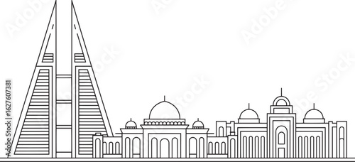 Bahrain City Skyline Line Art Featuring Iconic Buildings, Towers, and Urban Landscape Design