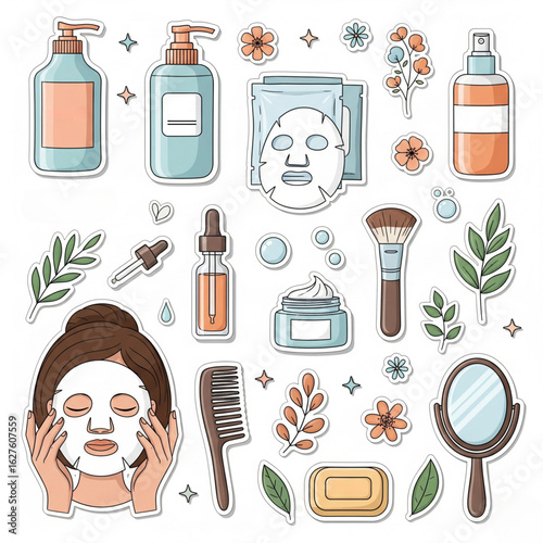Cosmetic products stickers set. Woman skincare and hygiene scrapbooking collection. Shampoo, sheet mask, spf spray, serum, brush and other beauty elements. Modern cartoon concept. Vector illustration.