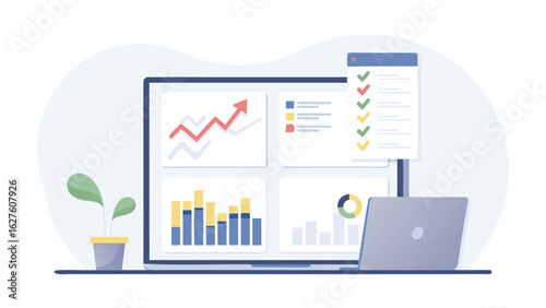 Laptop displaying data charts and a checklist with a plant on the side is present here