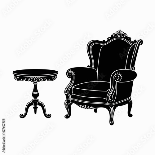 vintage, chair, table, design, vector, furniture, illustration, blackandwhite, elegant, home, classic, interior, decor, retro, stylish, armchair, tabledesign, vectorart, luxurious, interiorfurniture, 