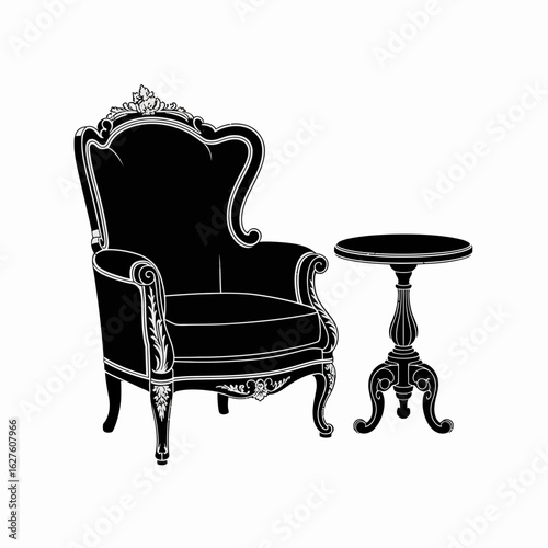 vintage, chair, table, design, vector, furniture, illustration, blackandwhite, elegant, home, classic, interior, decor, retro, stylish, armchair, tabledesign, vectorart, luxurious, interiorfurniture, 