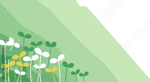 Abstract illustration of sprouting plants in a pastel green and cream color scheme with soft diagonal lines. Simple, stylized representation of small plants growing in a gentle natural landscape.