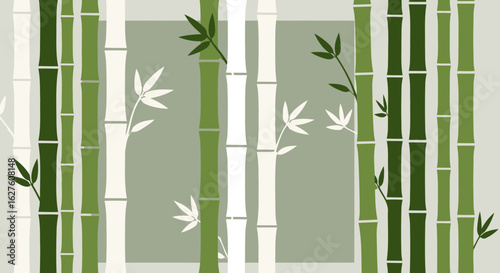 Bamboo stalks in various shades of green and white with foliage silhouettes against a muted gray background.