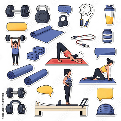 Weight training, yoga, pilates stickers set. Dumbbells, protein supplements, kettlebell, jump rope and other fitness elements. Modern cartoon concept. Vector illustration.