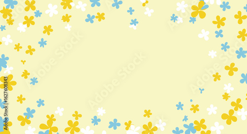 Abstract flower pattern on a pale yellow background. A multitude of small, stylized flowers in yellow, light blue, and white are scattered across the image, creating a delicate and cheerful design.