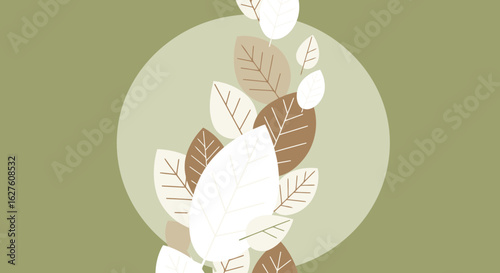 Abstract graphic design featuring a circle pattern of leaves in multiple colors/shades against a muted sage background. Nature-inspired, organic, and seasonal foliage.