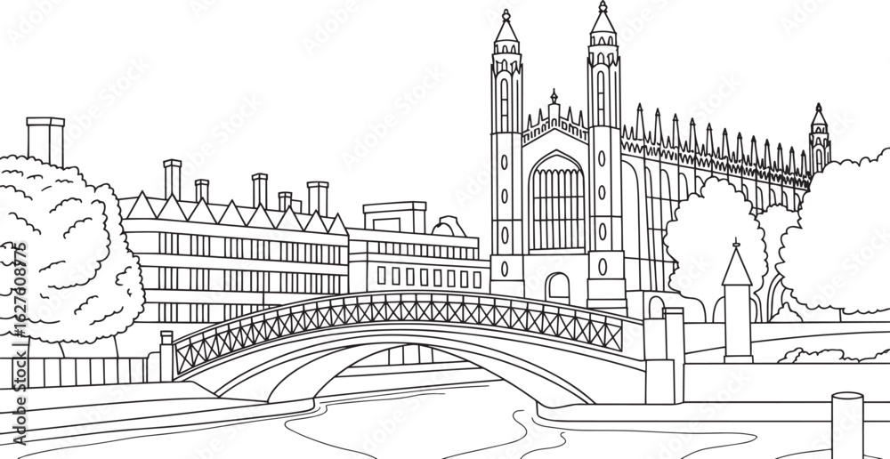 Fototapeta premium Cambridge Skyline Vector Illustration with King's College Chapel and Bridge of Sighs Outline Art