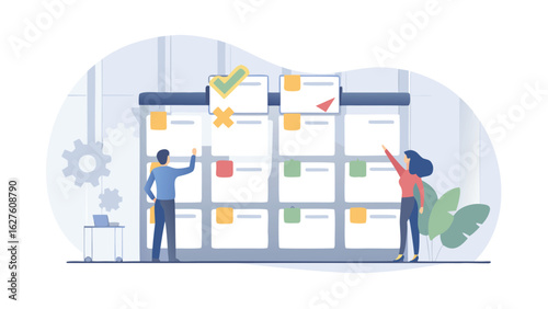 People interacting with a kanban board with sticky notes in an office setting illustration