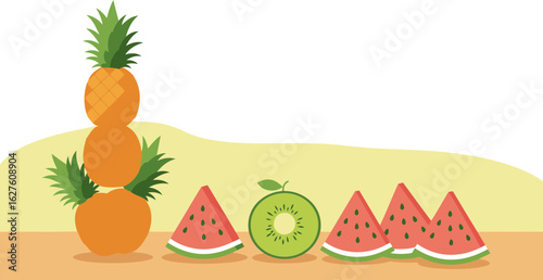 Fruit arrangement featuring pineapples, watermelon, and kiwi slices on a light-brown surface. Colorful and vibrant display of summer produce.