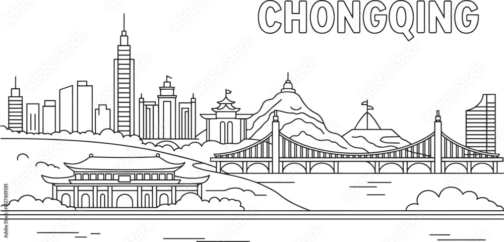 Obraz premium Chongqing Skyline A Detailed Illustration of Urban Landmarks and Architectural Wonders